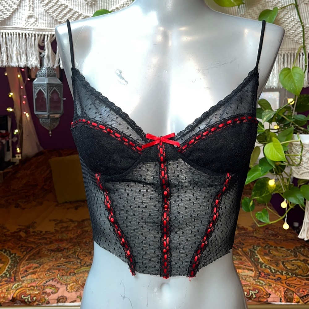 Vintage a goth red and black sheer mesh red ribbon trim cropped cami top
